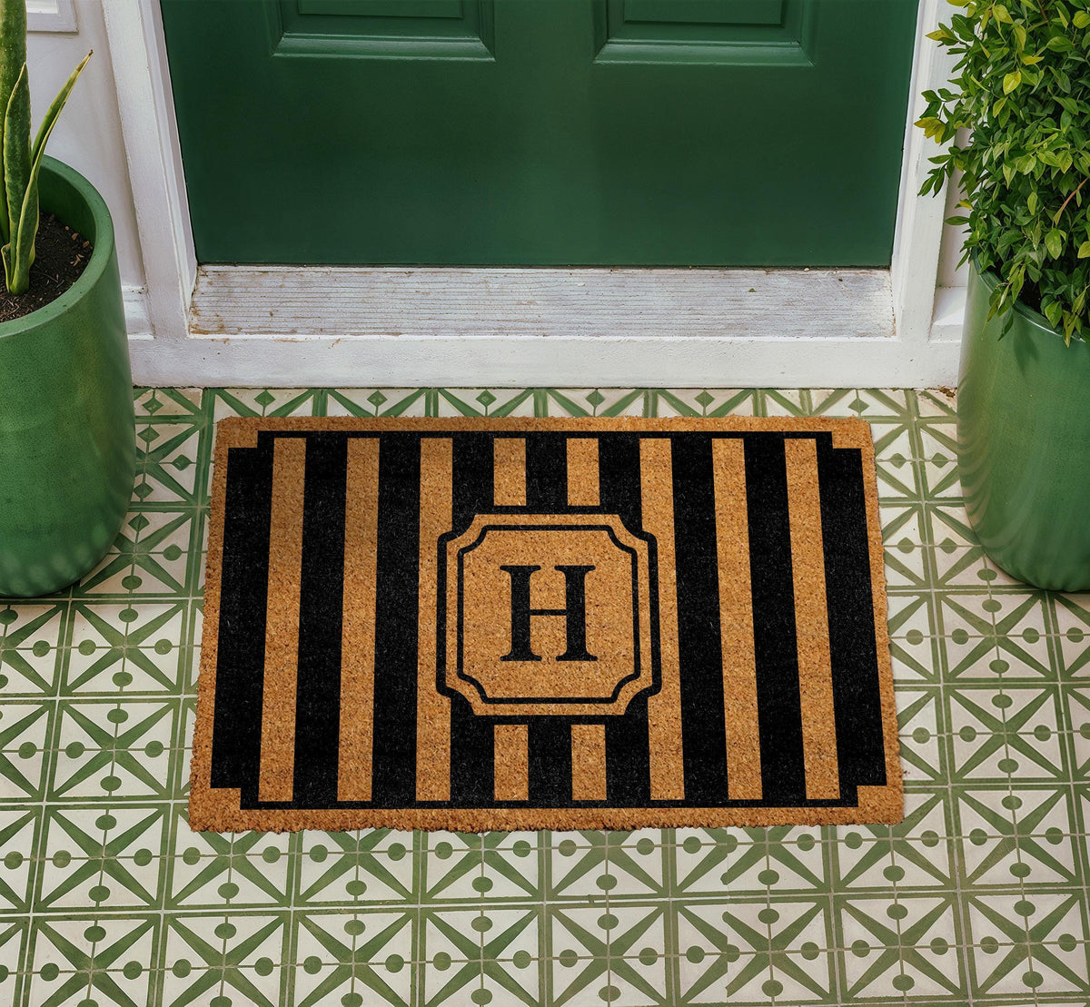 Personalized Monogram Doormat, Custom Family Name Welcome Mat, Modern Striped Coir Rug