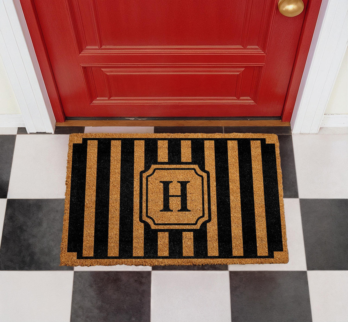 Personalized Monogram Doormat, Custom Family Name Welcome Mat, Modern Striped Coir Rug