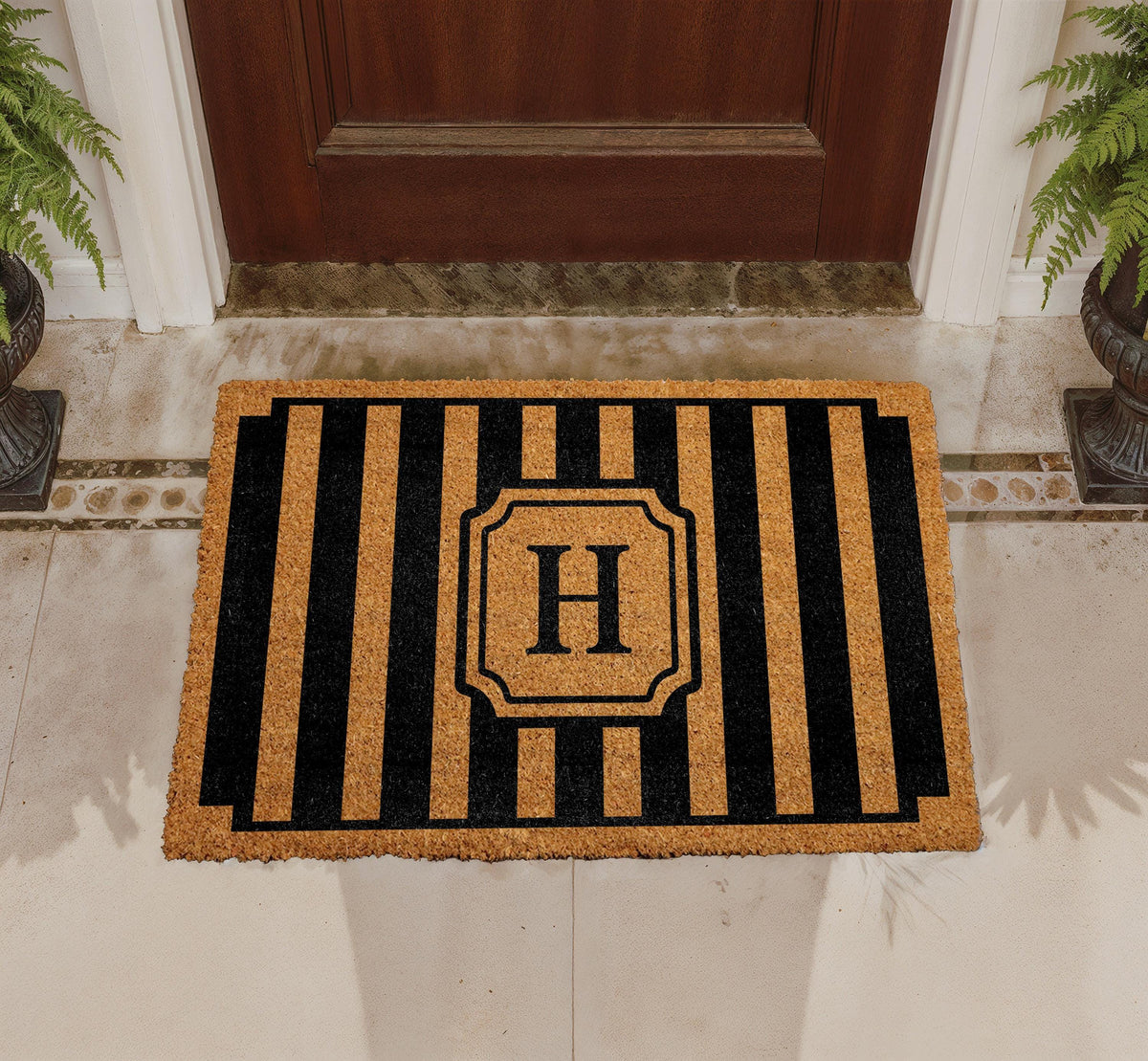 Personalized Monogram Doormat, Custom Family Name Welcome Mat, Modern Striped Coir Rug