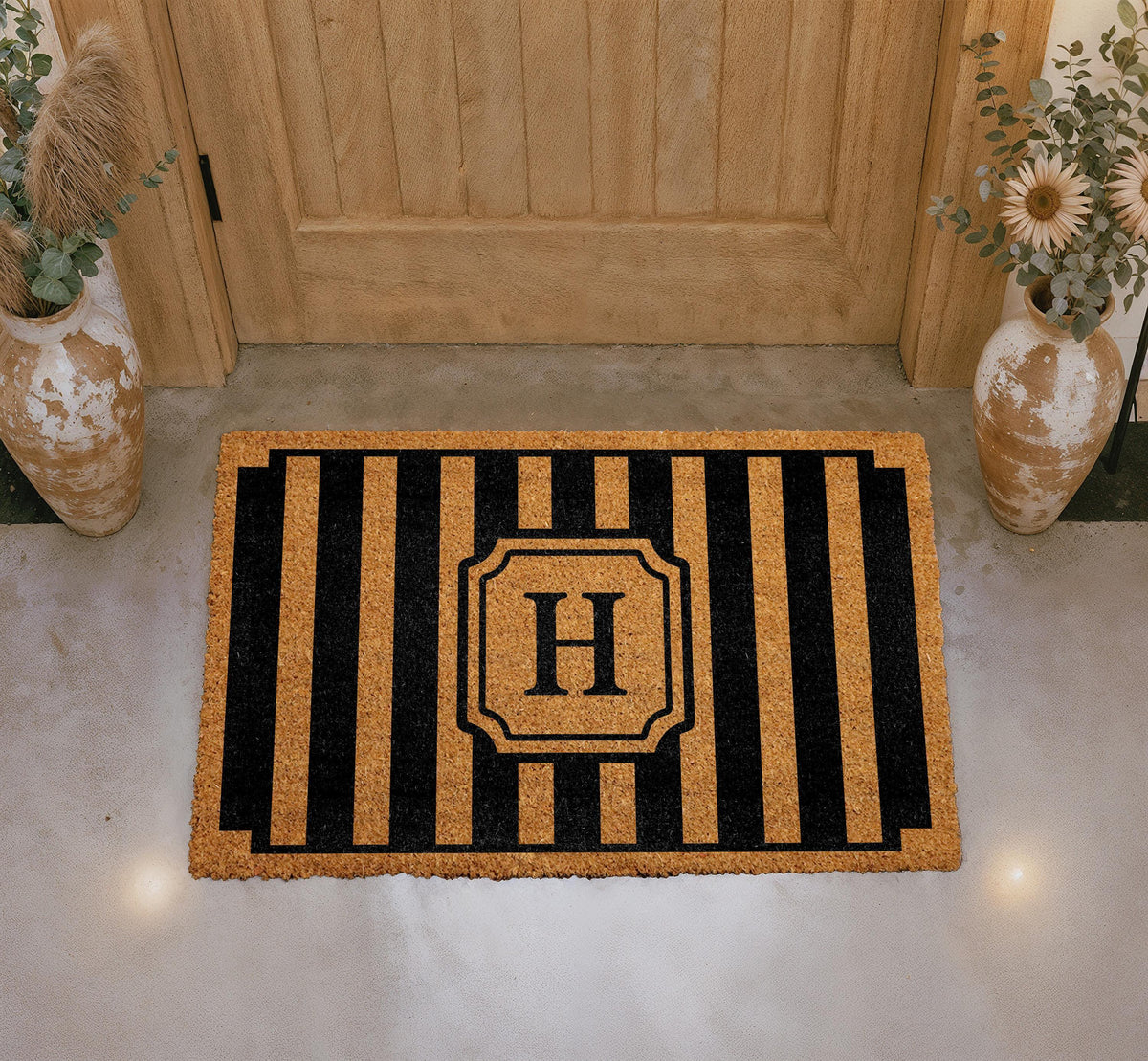 Personalized Monogram Doormat, Custom Family Name Welcome Mat, Modern Striped Coir Rug