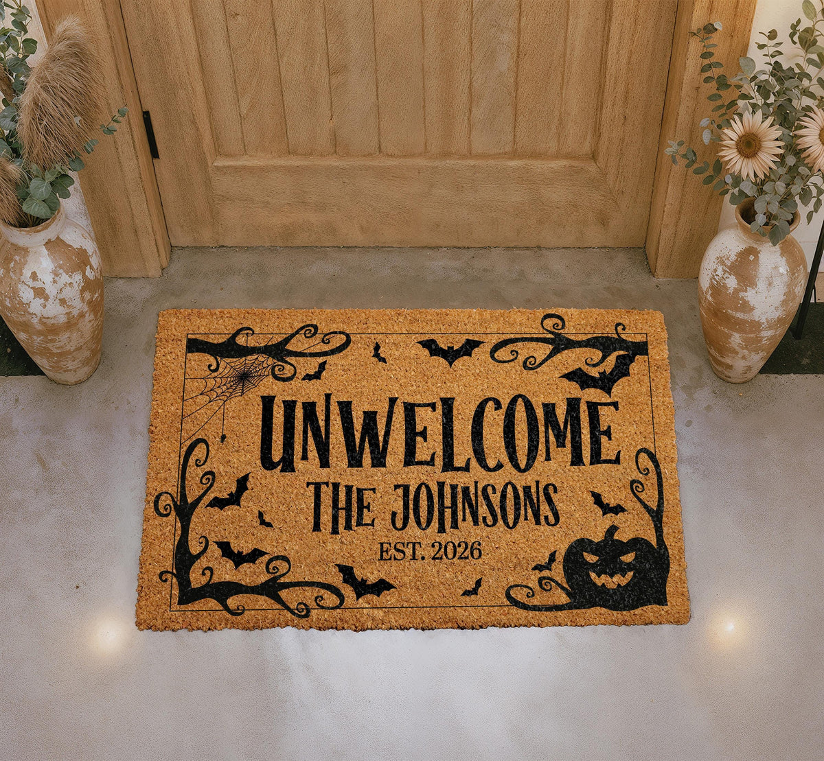 Custom Coir Doormat, Halloween Family Name Welcome Mat, Spooky Entryway Decoration