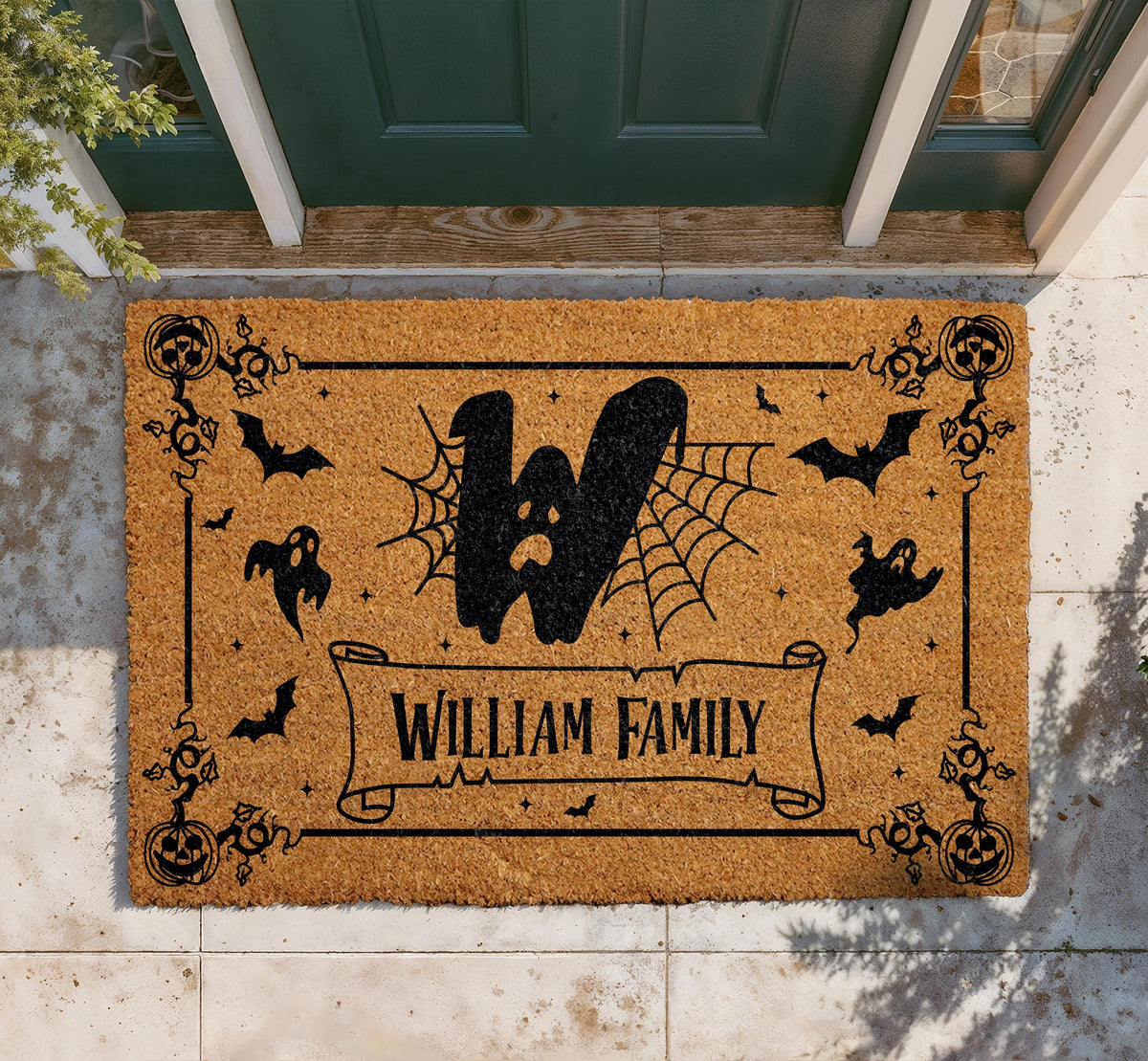 Custom Halloween Coir Doormat, Personalized Family Name Welcome Mat, Bats and Spider Webs Decor