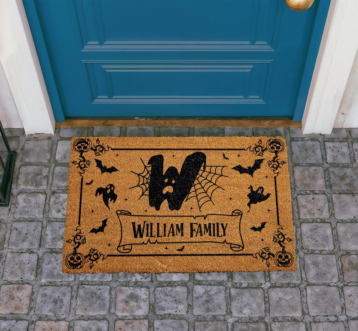 Custom Halloween Coir Doormat, Personalized Family Name Welcome Mat, Bats and Spider Webs Decor