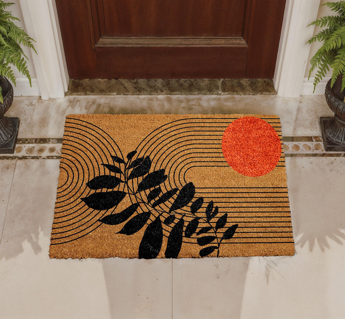 Mid Century Modern Doormat, Abstract Lines and Leaf Art Welcome Mat, Minimalist Botanical Door Mat, Stylish Entry Rug, Sun Inspired Coir Mat