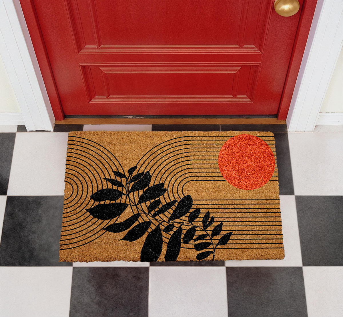 Mid Century Modern Doormat, Abstract Lines and Leaf Art Welcome Mat, Minimalist Botanical Door Mat, Stylish Entry Rug, Sun Inspired Coir Mat