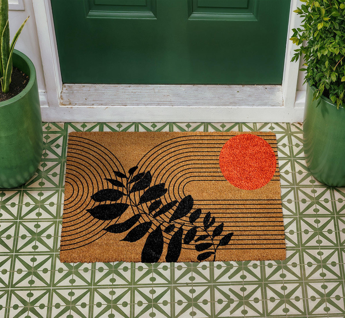 Mid Century Modern Doormat, Abstract Lines and Leaf Art Welcome Mat, Minimalist Botanical Door Mat, Stylish Entry Rug, Sun Inspired Coir Mat