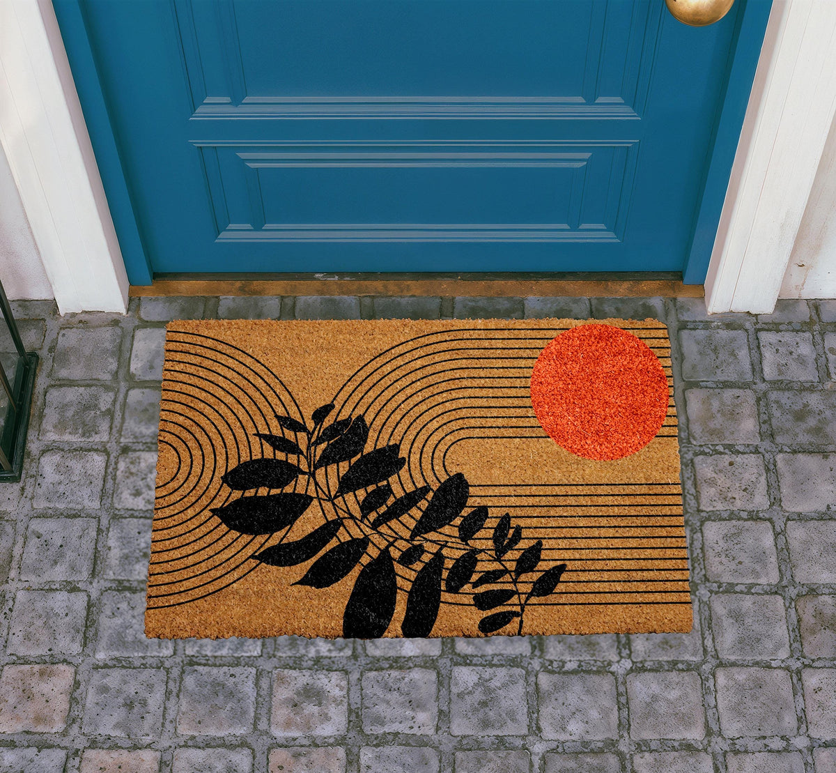 Mid Century Modern Doormat, Abstract Lines and Leaf Art Welcome Mat, Minimalist Botanical Door Mat, Stylish Entry Rug, Sun Inspired Coir Mat