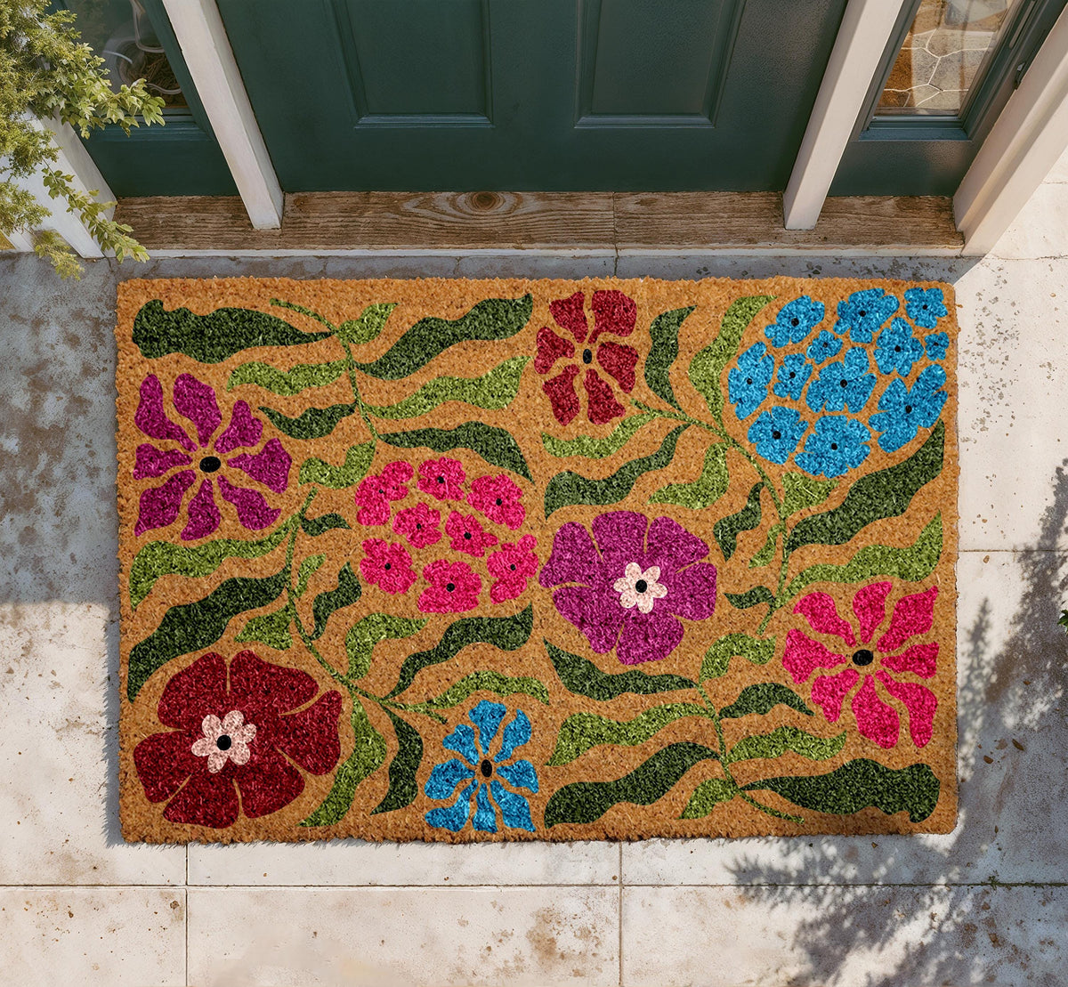 Vibrant Floral Coir Doormat, Colorful Welcome Mat, Farmhouse Entryway Rug