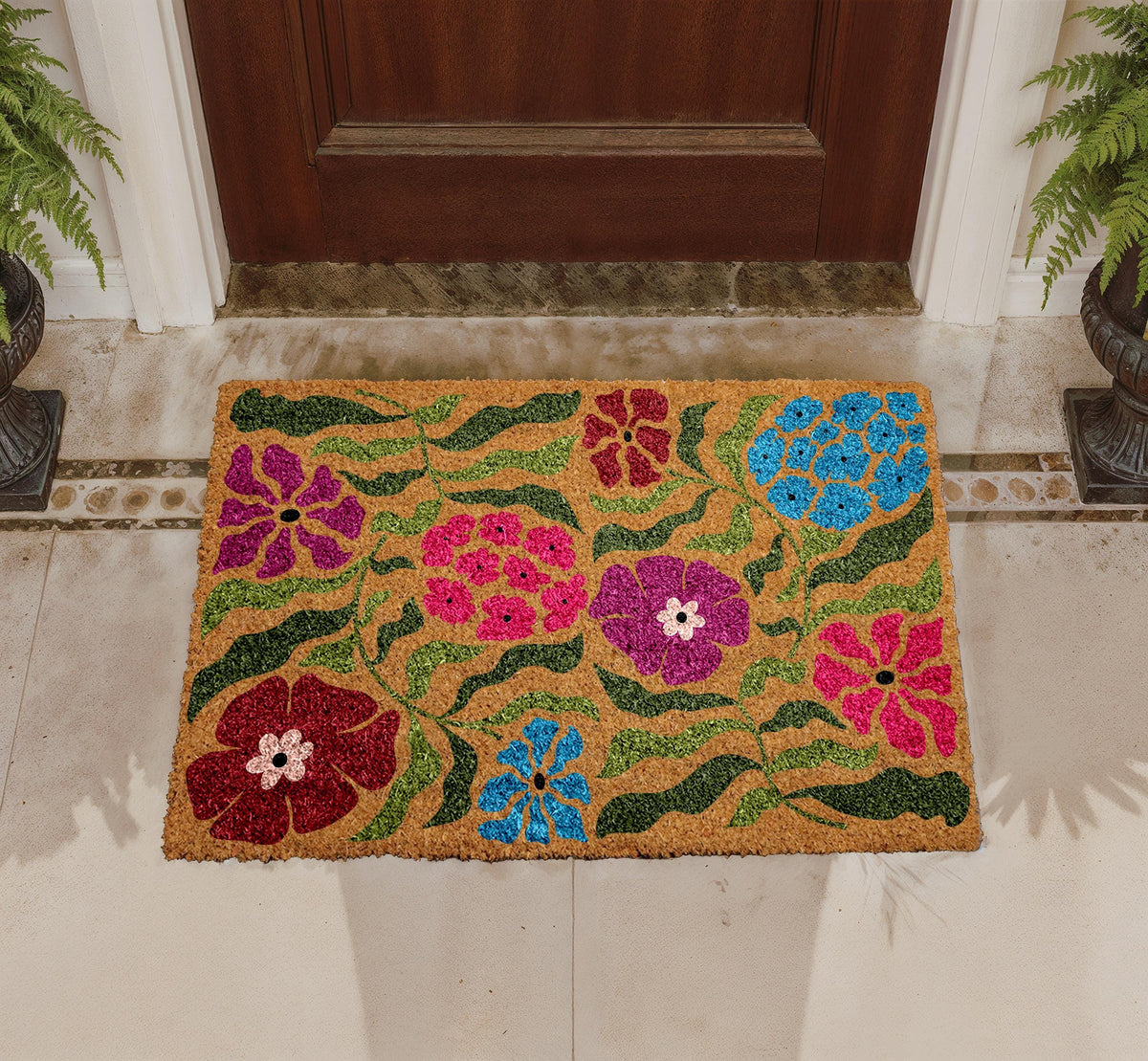 Vibrant Floral Coir Doormat, Colorful Welcome Mat, Farmhouse Entryway Rug