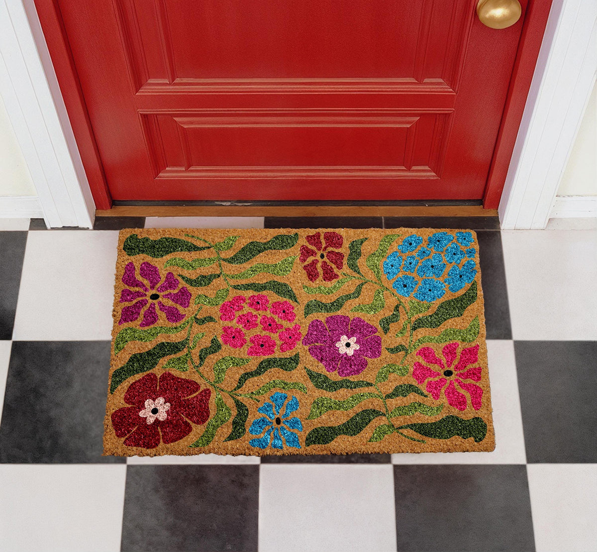 Vibrant Floral Coir Doormat, Colorful Welcome Mat, Farmhouse Entryway Rug