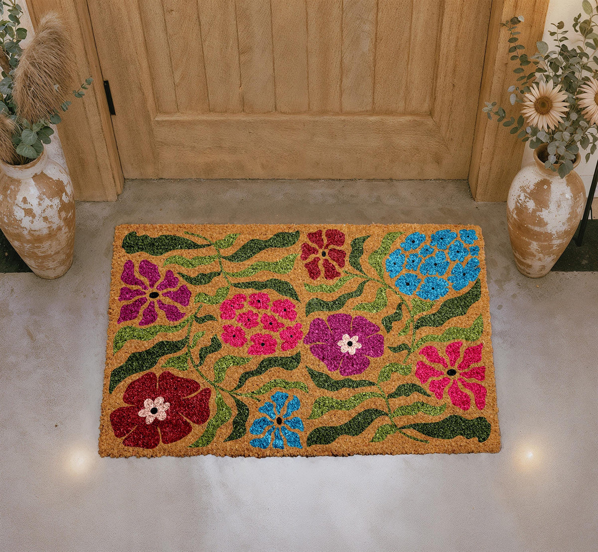 Vibrant Floral Coir Doormat, Colorful Welcome Mat, Farmhouse Entryway Rug