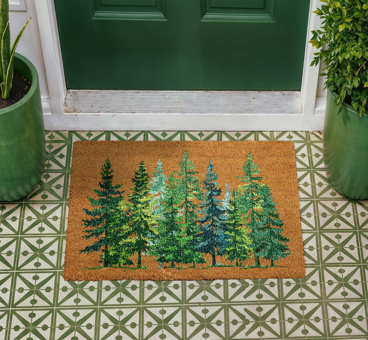 Personalized Forest Pine Trees Coir Doormat, Rustic Welcome Mat (Custom Name)
