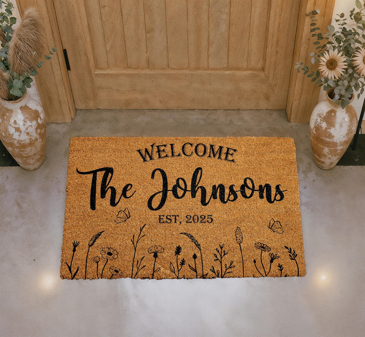 Personalized Botanical Coir Doormat, Custom Family Welcome Mat, Entryway Decor