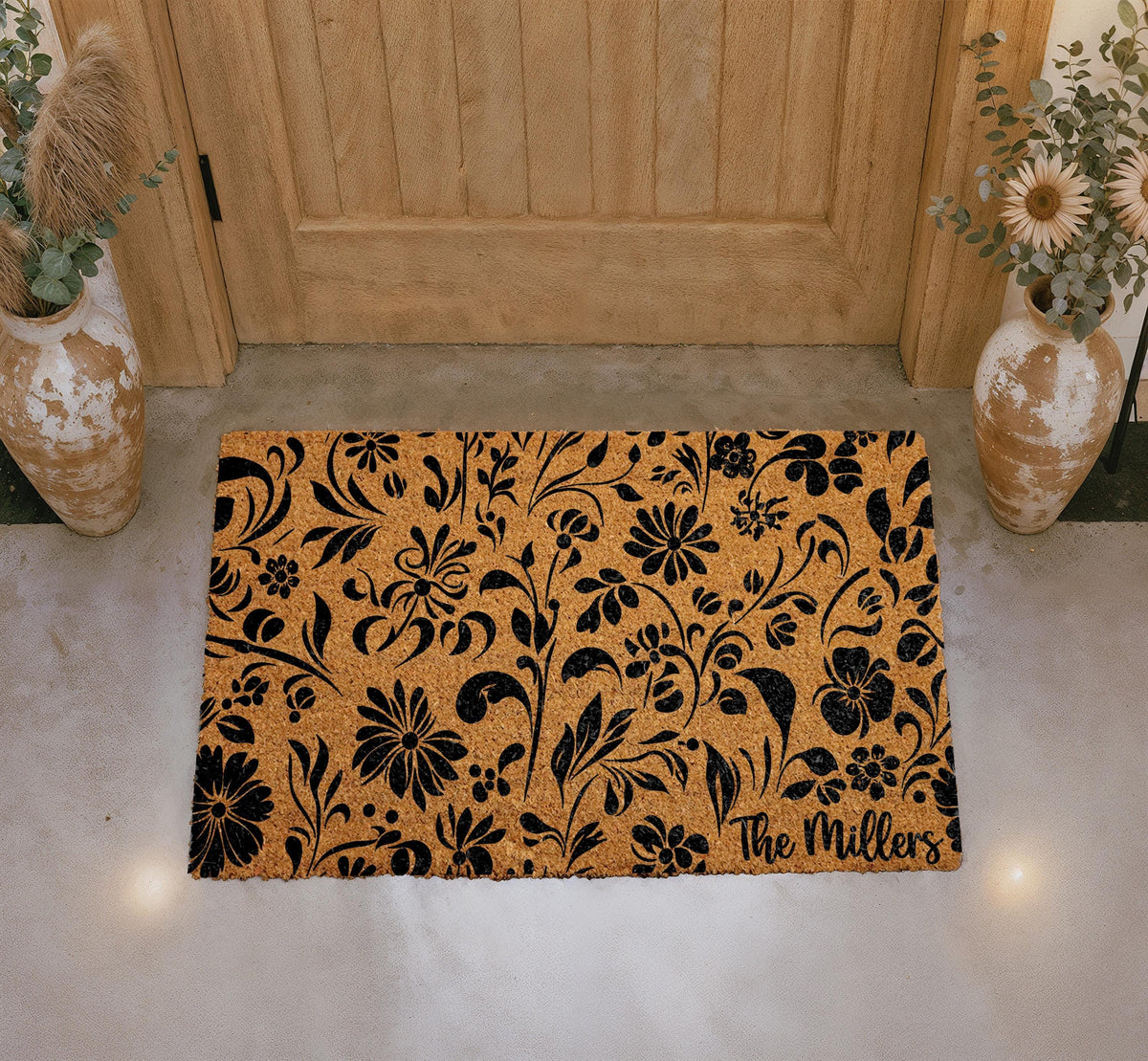 Personalized Floral Coir Doormat, Custom Family Name Welcome Mat, Outdoor Entryway Rug