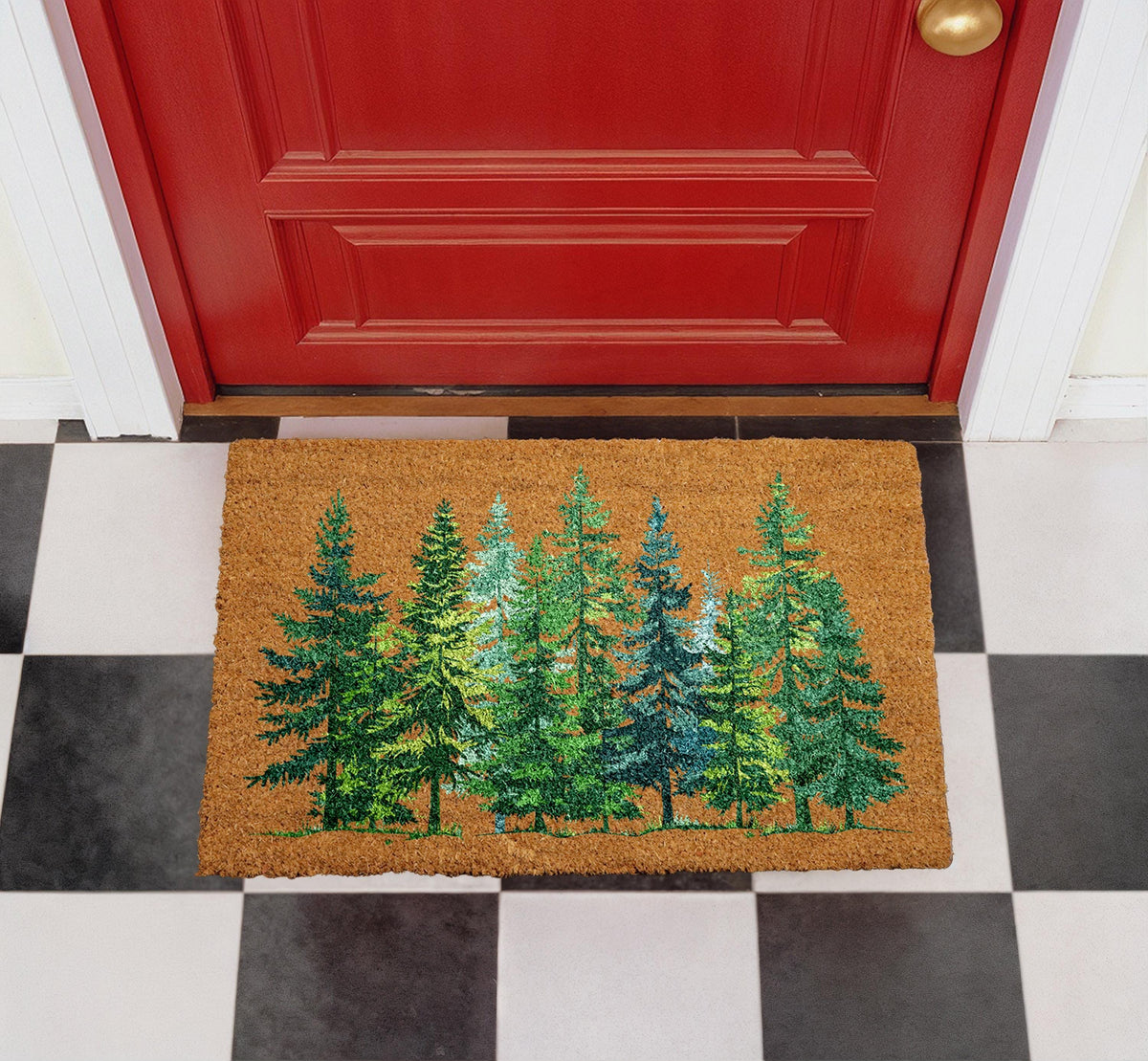 Personalized Forest Pine Trees Coir Doormat, Rustic Welcome Mat (Custom Name)