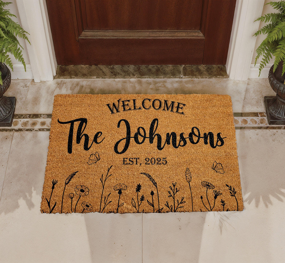 Personalized Botanical Coir Doormat, Custom Family Welcome Mat, Entryway Decor