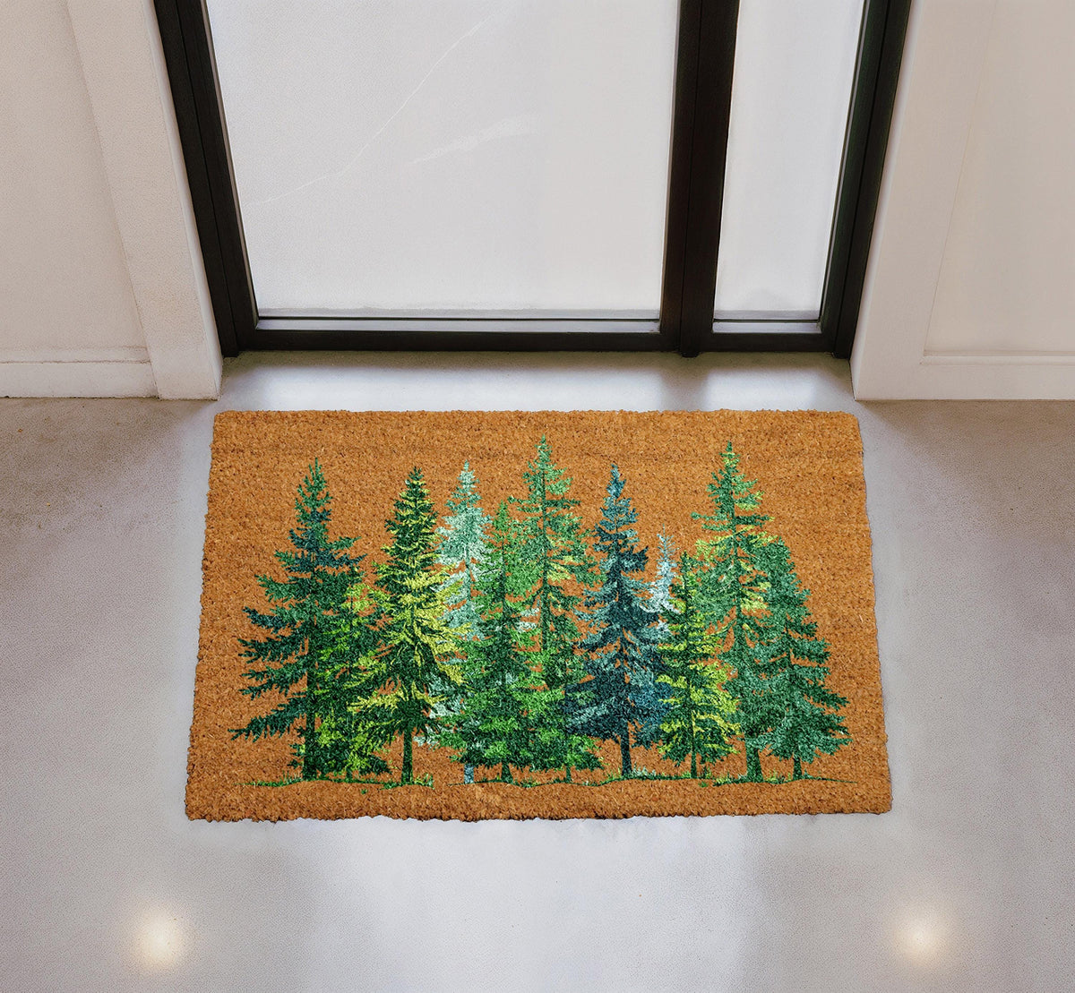 Personalized Forest Pine Trees Coir Doormat, Rustic Welcome Mat (Custom Name)