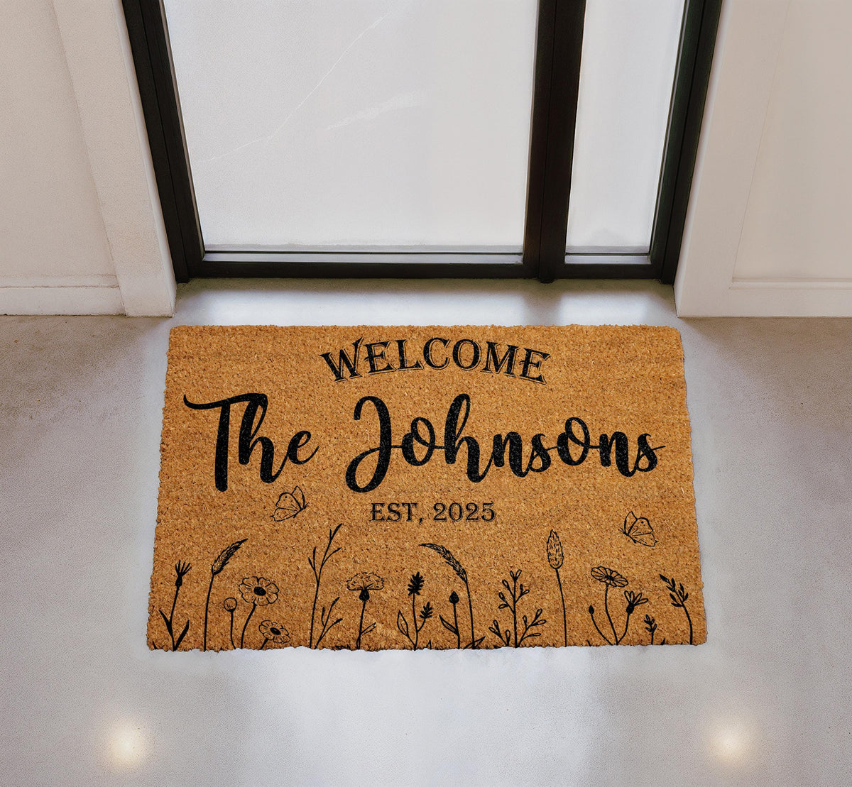 Personalized Botanical Coir Doormat, Custom Family Welcome Mat, Entryway Decor