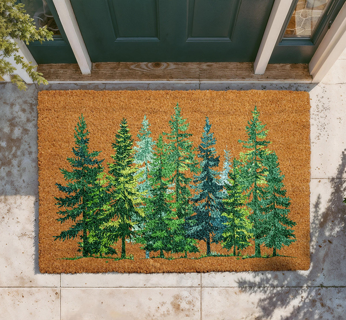 Personalized Forest Pine Trees Coir Doormat, Rustic Welcome Mat (Custom Name)