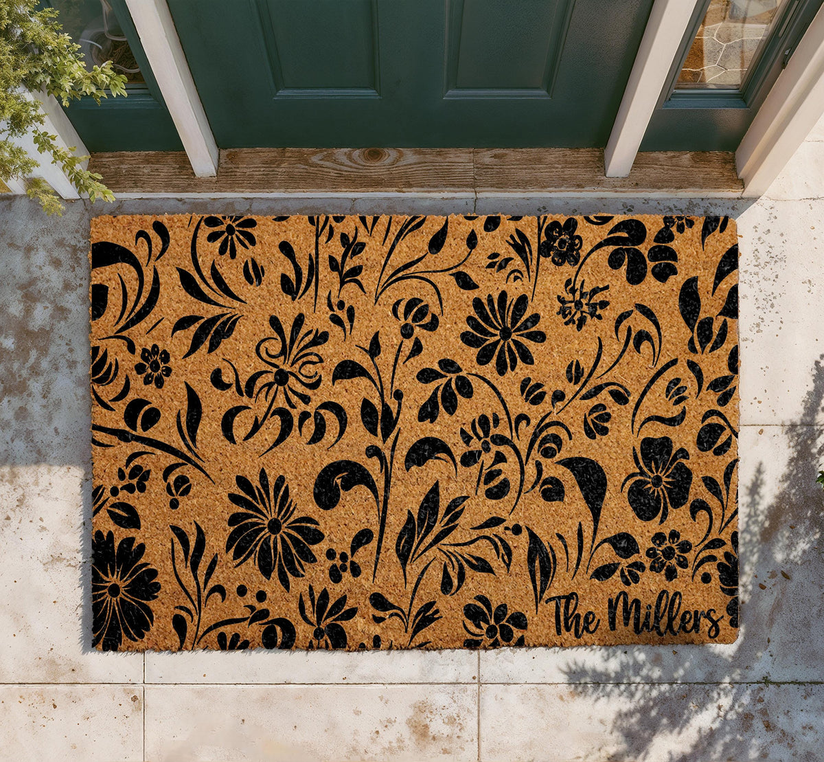 Personalized Floral Coir Doormat, Custom Family Name Welcome Mat, Outdoor Entryway Rug