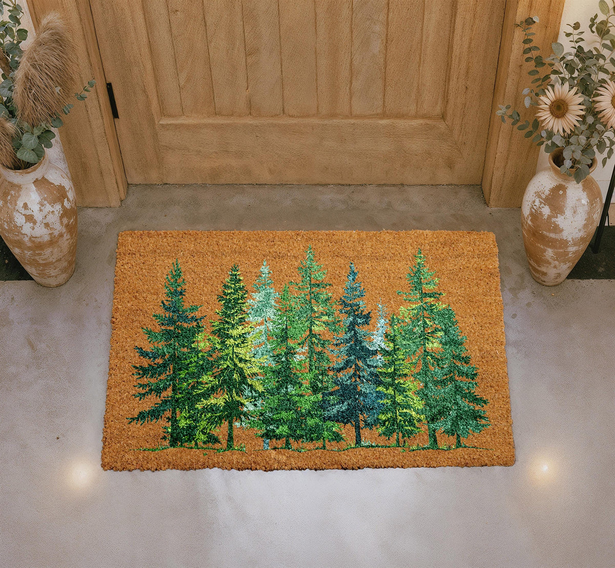 Personalized Forest Pine Trees Coir Doormat, Rustic Welcome Mat (Custom Name)
