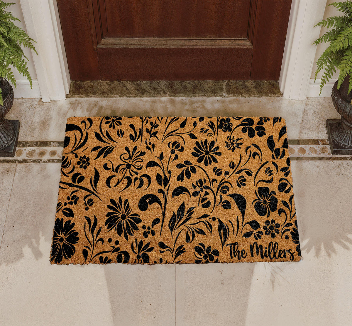 Personalized Floral Coir Doormat, Custom Family Name Welcome Mat, Outdoor Entryway Rug