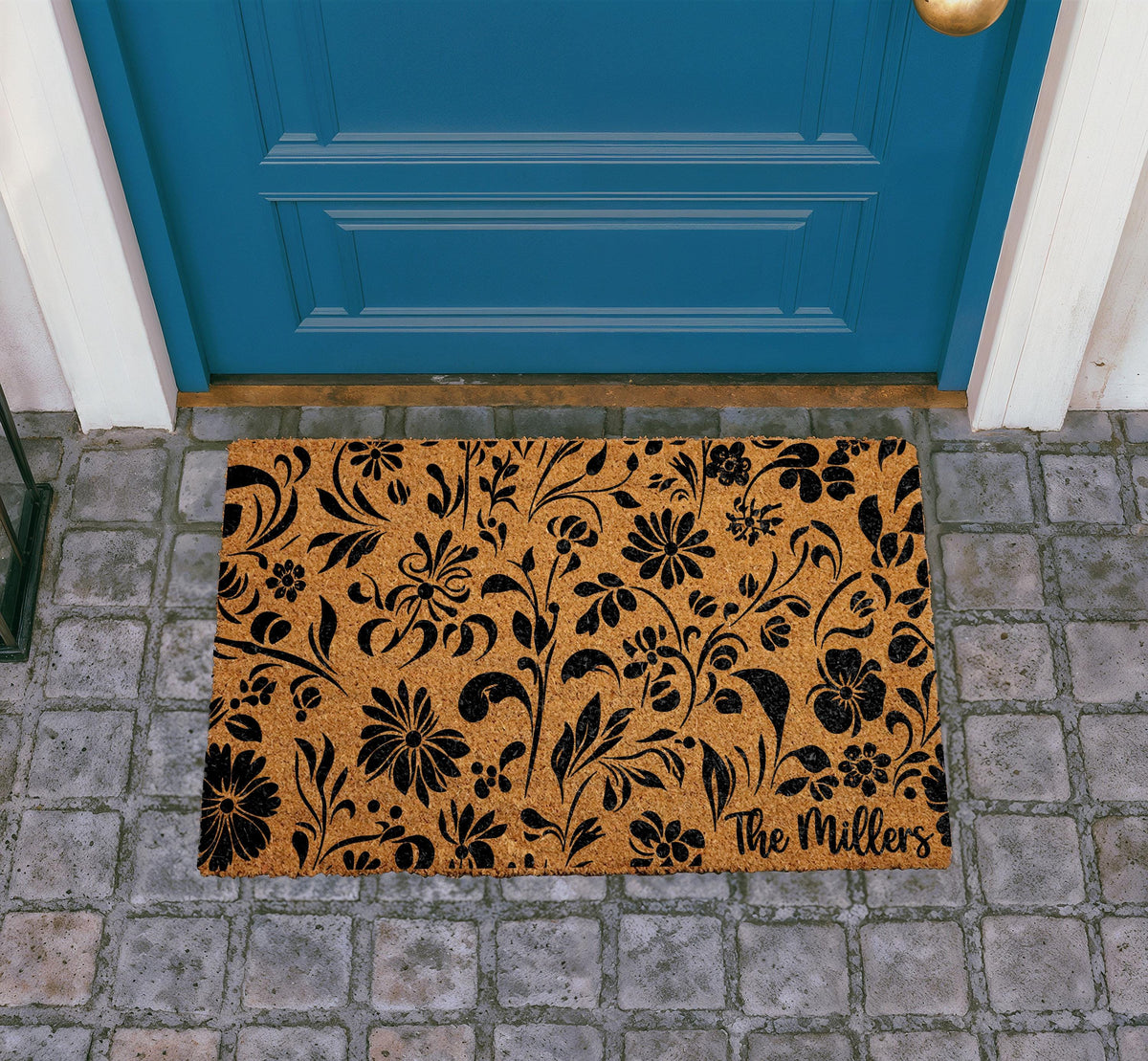 Personalized Floral Coir Doormat, Custom Family Name Welcome Mat, Outdoor Entryway Rug