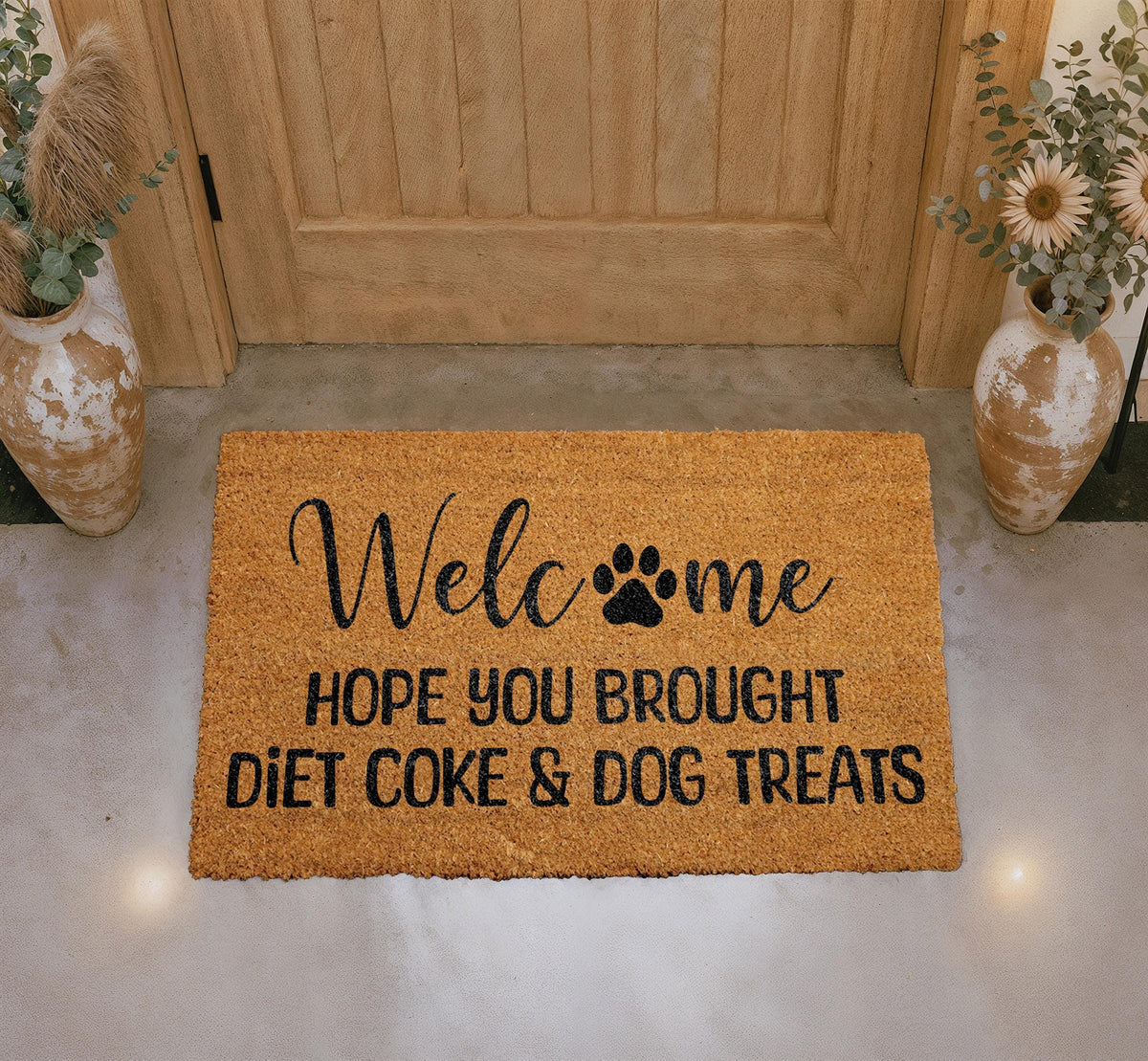 Hope You Brought Diet Coke & Dog Treats Doormat, Funny Dog Owner Welcome Mat, Humorous Pet Lover Door Mat, Outdoor Coir Front Porch Rug
