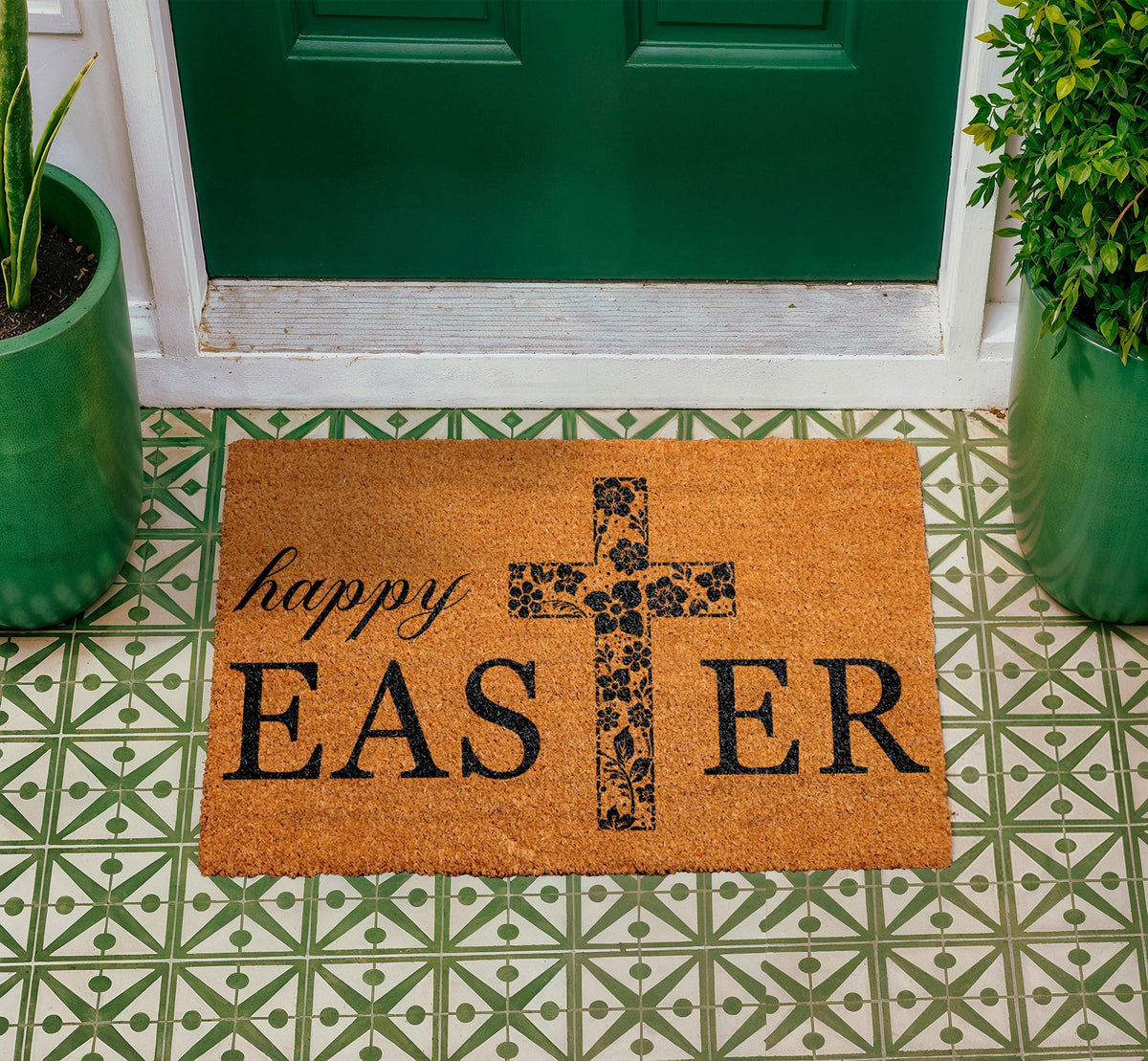 Floral Cross Happy Easter Doormat, Religious Spring Welcome Mat