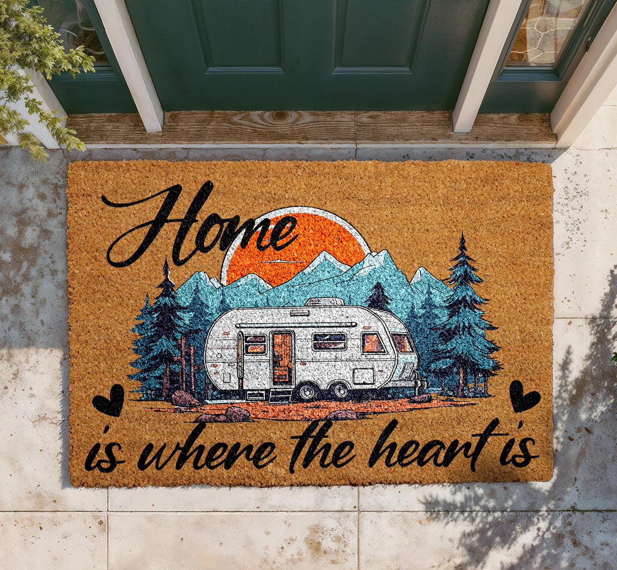 Personalized Coir Doormat, Camping RV Camper Welcome Mat, Mountain Sunset Design