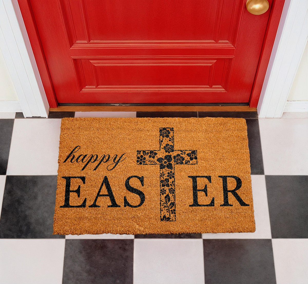 Floral Cross Happy Easter Doormat, Religious Spring Welcome Mat