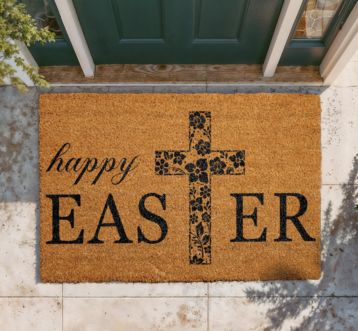 Floral Cross Happy Easter Doormat, Religious Spring Welcome Mat