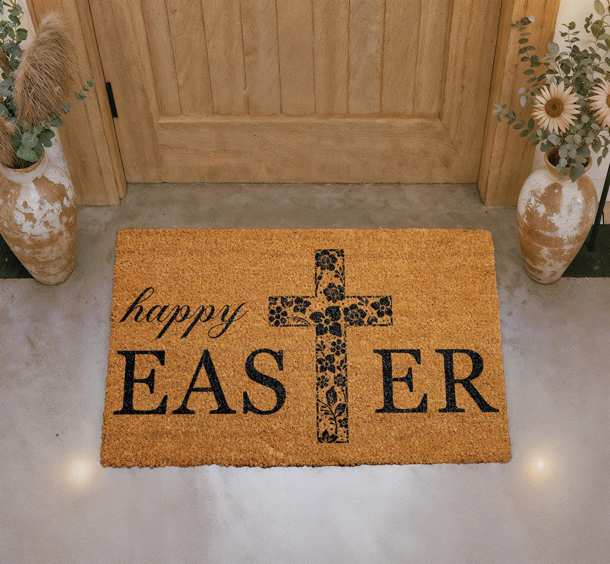 Floral Cross Happy Easter Doormat, Religious Spring Welcome Mat