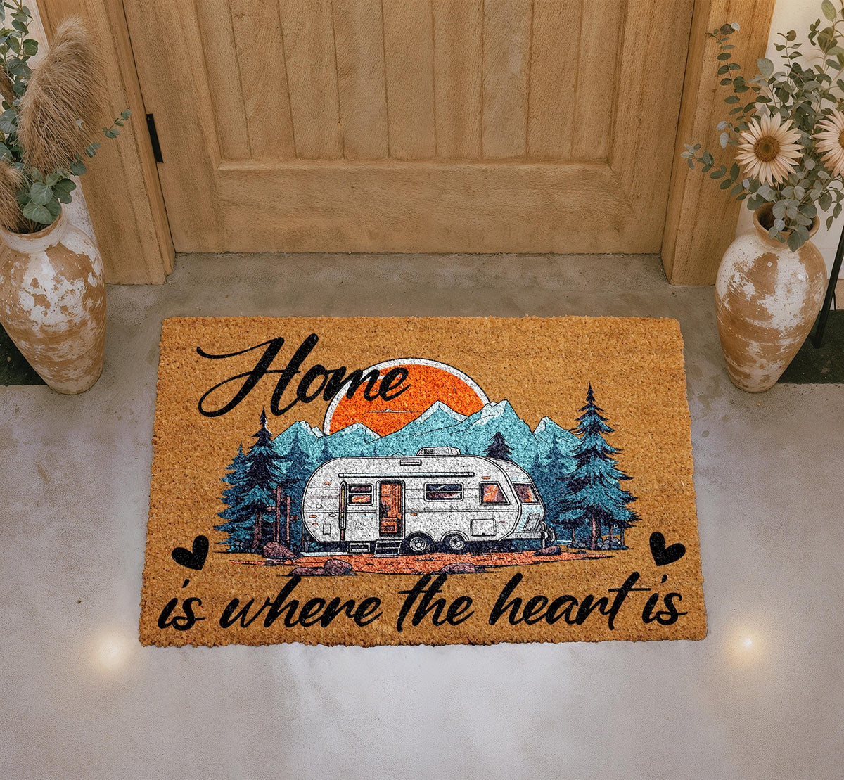 Personalized Coir Doormat, Camping RV Camper Welcome Mat, Mountain Sunset Design