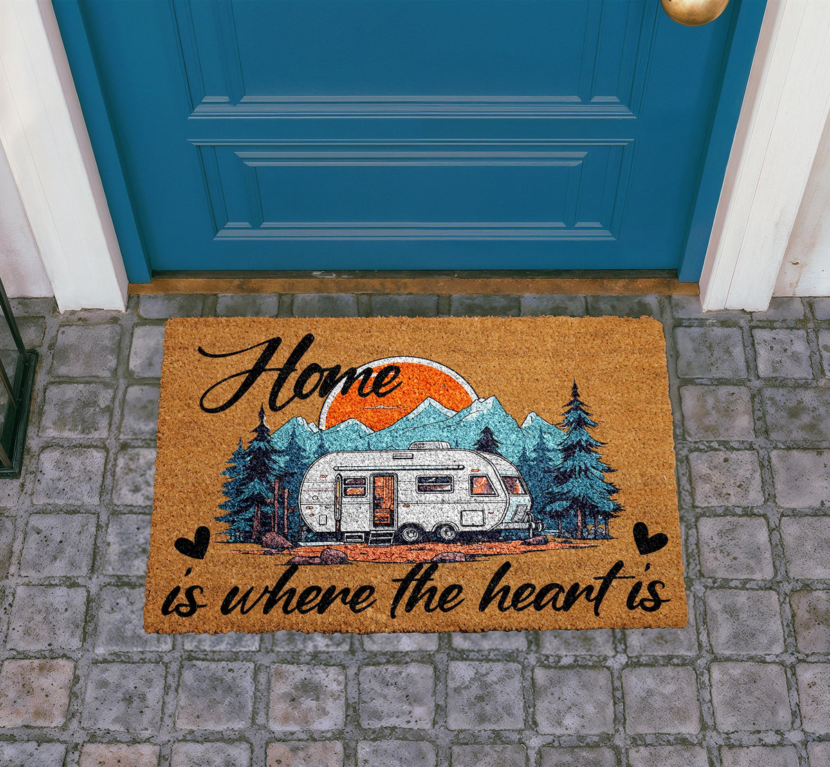 Personalized Coir Doormat, Camping RV Camper Welcome Mat, Mountain Sunset Design
