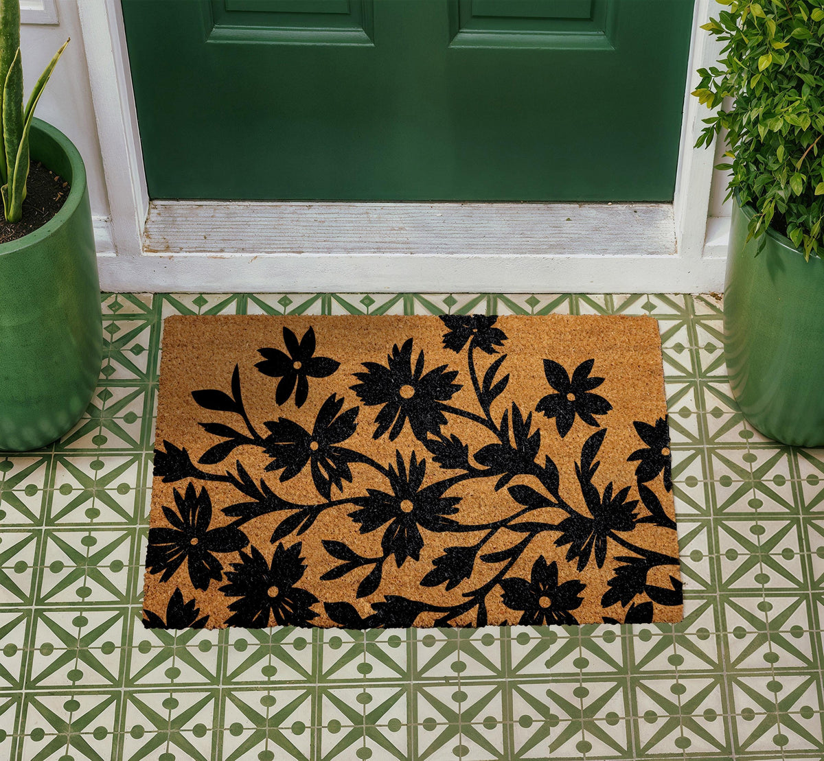 Black Floral Doormat, Natural Coir Welcome Mat, Botanical Farmhouse Entryway Rug