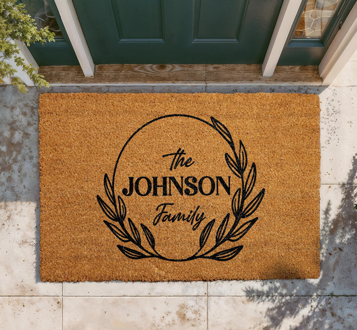 Personalized Family Name Doormat, Custom Welcome Mat, Botanical Laurel Wreath Coir Mat