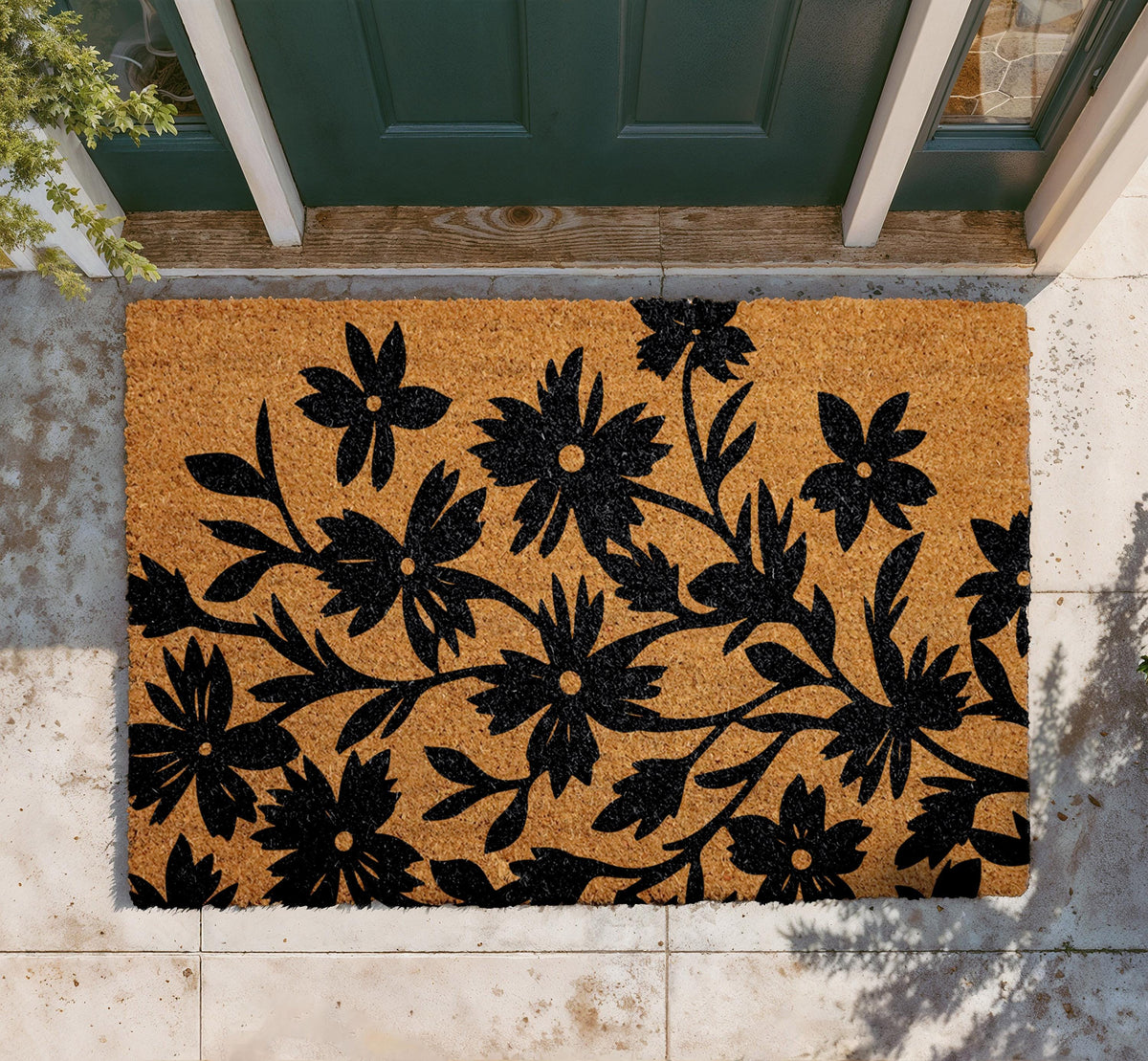 Black Floral Doormat, Natural Coir Welcome Mat, Botanical Farmhouse Entryway Rug