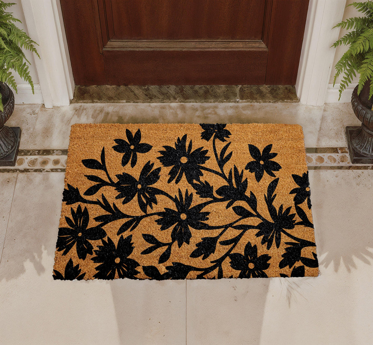 Black Floral Doormat, Natural Coir Welcome Mat, Botanical Farmhouse Entryway Rug