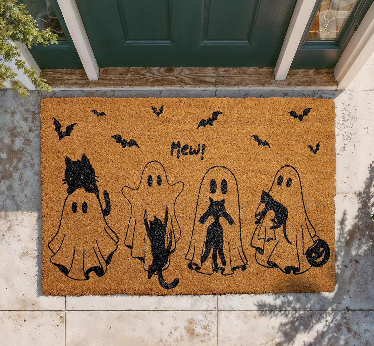 Mew Halloween Doormat, Cat Ghost Spooky Porch Decor, Natural Coir Rug