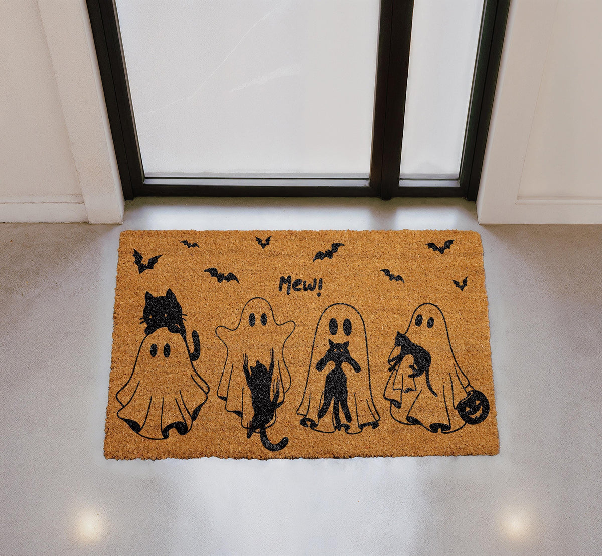 Mew Halloween Doormat, Cat Ghost Spooky Porch Decor, Natural Coir Rug