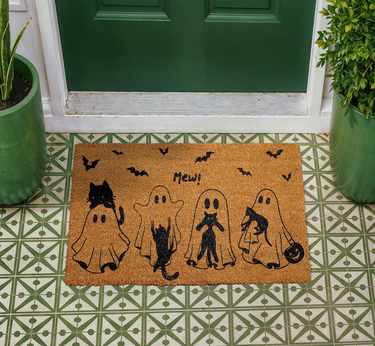 Mew Halloween Doormat, Cat Ghost Spooky Porch Decor, Natural Coir Rug