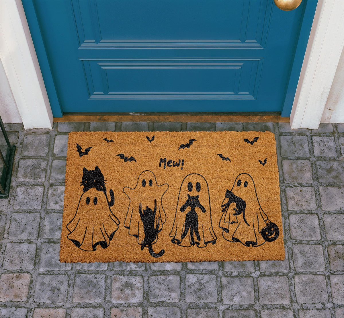 Mew Halloween Doormat, Cat Ghost Spooky Porch Decor, Natural Coir Rug