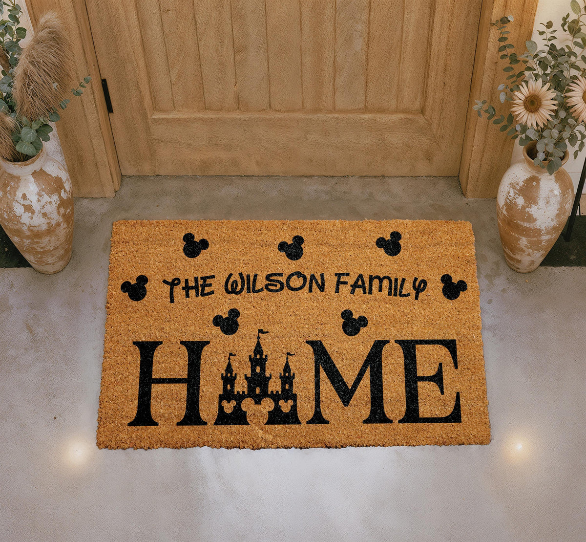 Personalized Family Home Doormat, Castle Silhouette Welcome Mat, Coir Front Porch Rug