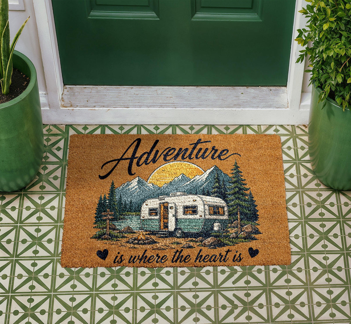 Adventure Camper Doormat, Vintage Trailer Welcome Mat, Coir Outdoor Rug