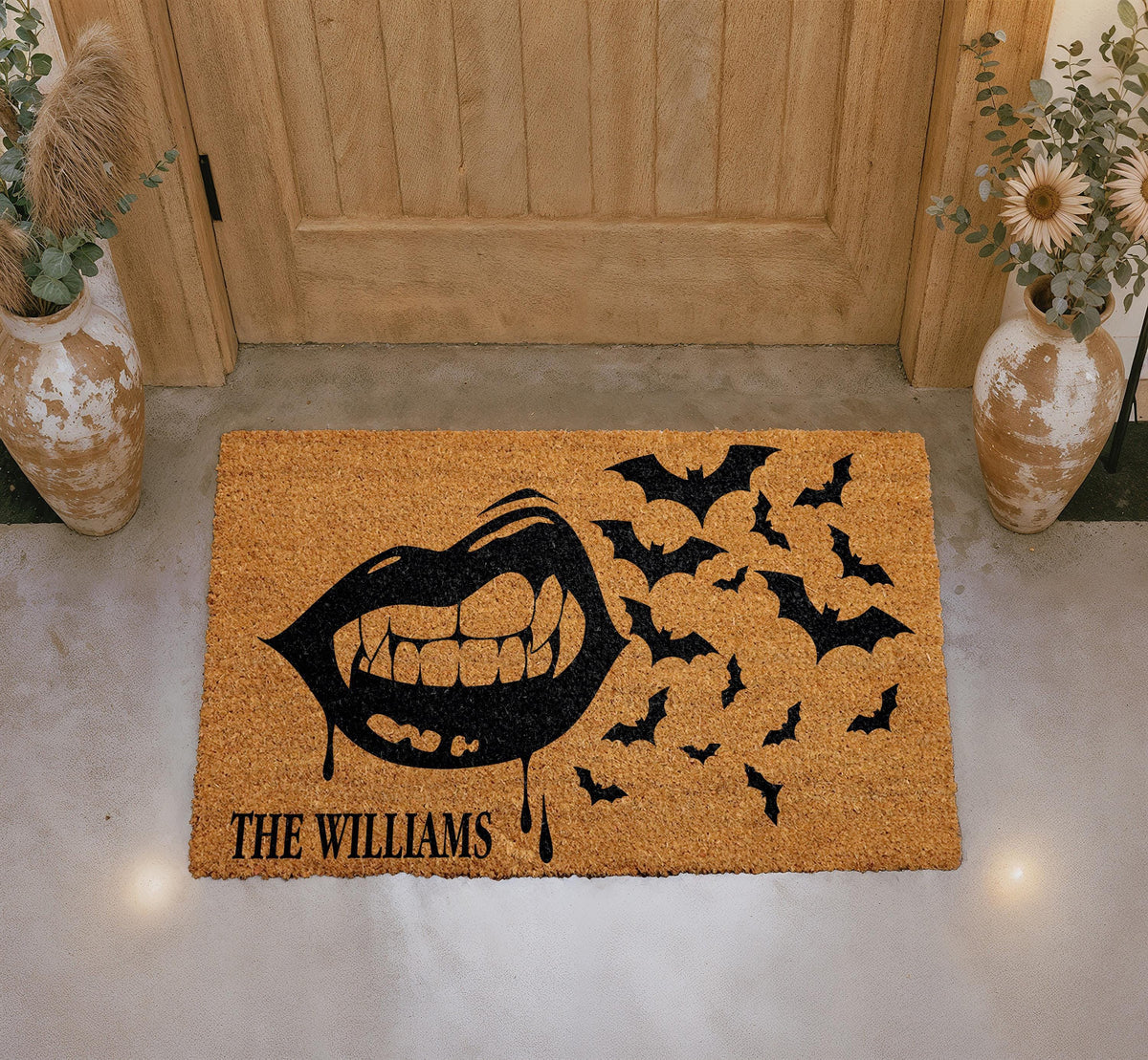 Personalized Gothic Vampire Bats Coir Doormat, Spooky Halloween Welcome Mat