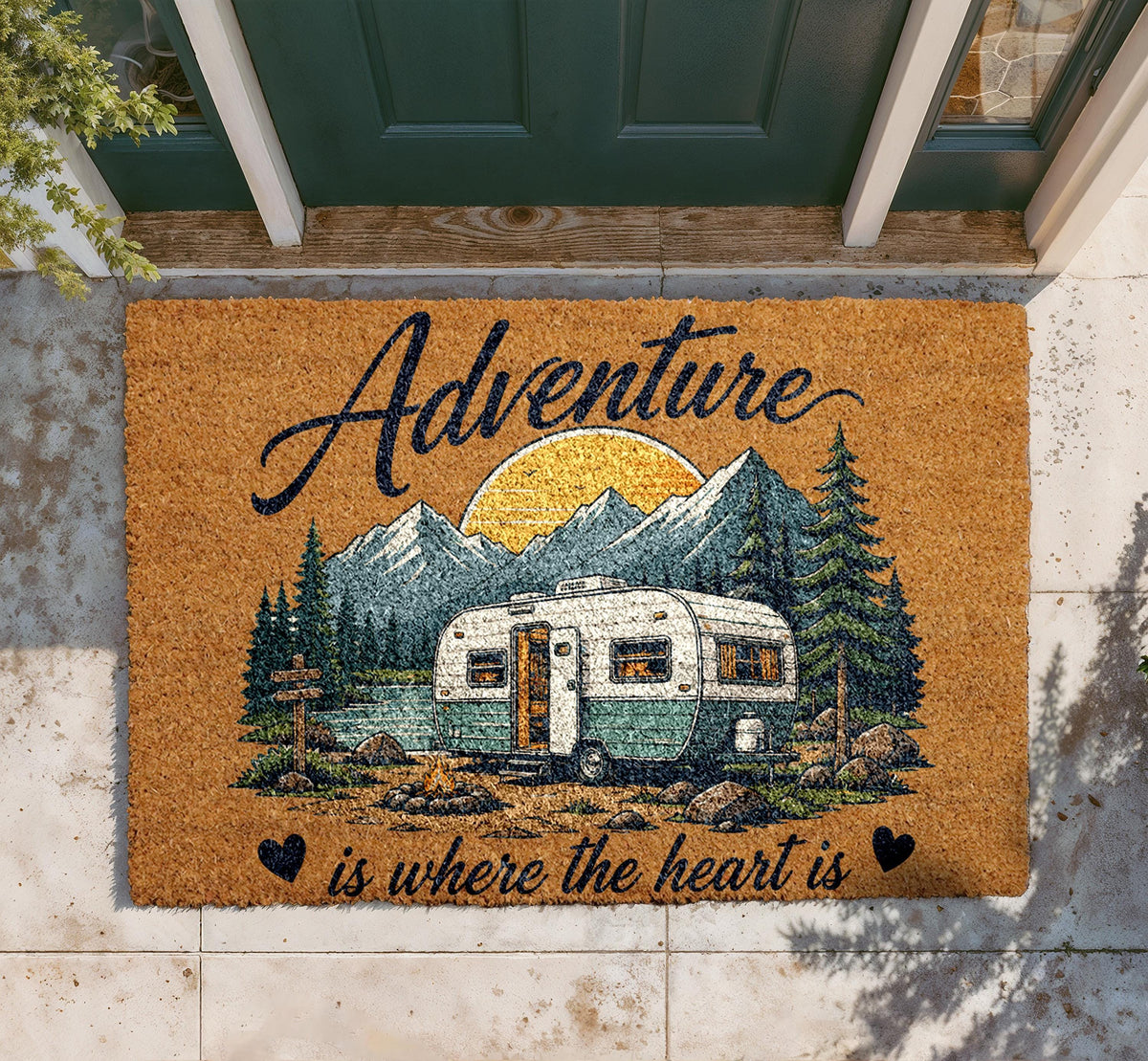 Adventure Camper Doormat, Vintage Trailer Welcome Mat, Coir Outdoor Rug