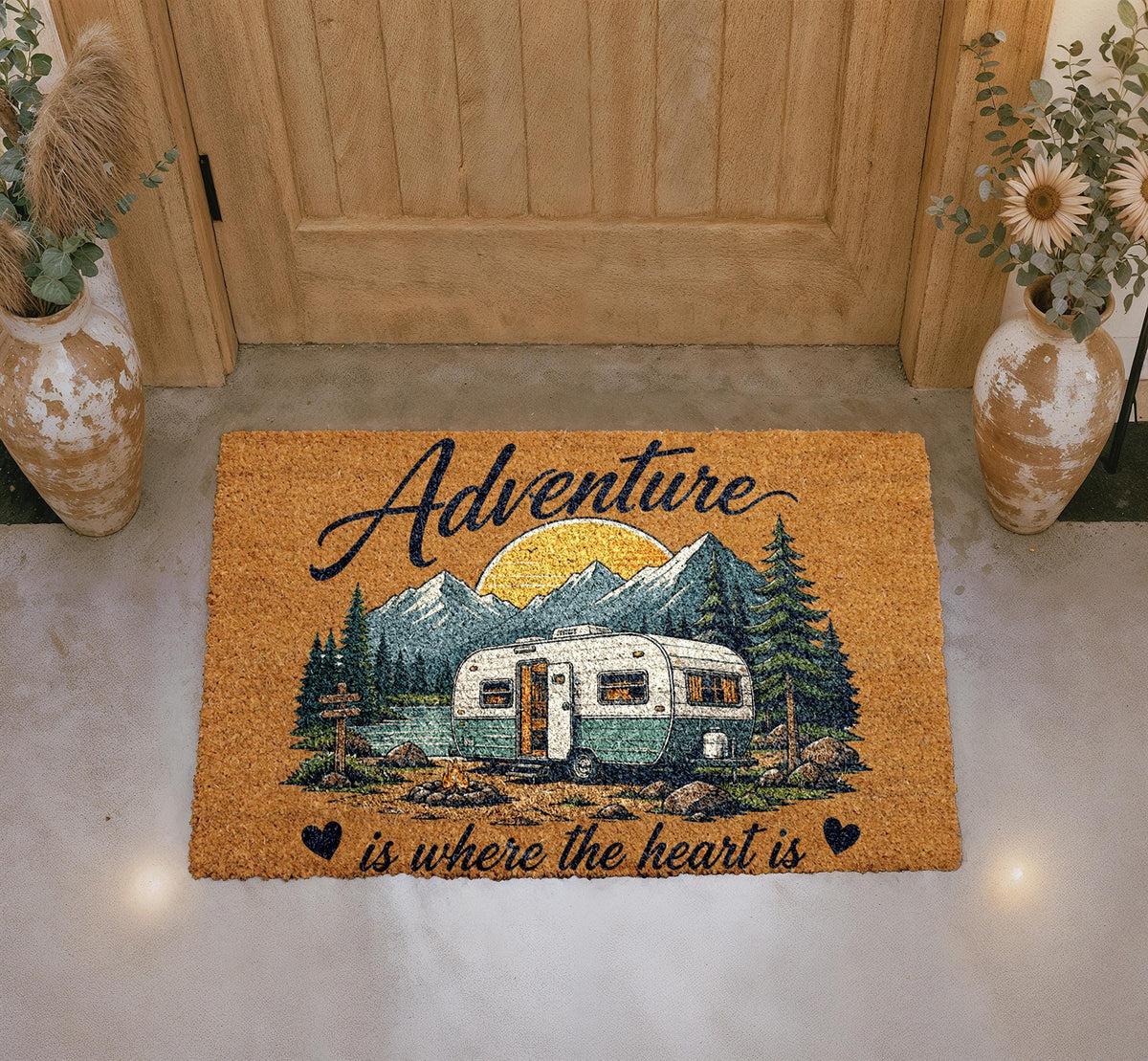 Adventure Camper Doormat, Vintage Trailer Welcome Mat, Coir Outdoor Rug
