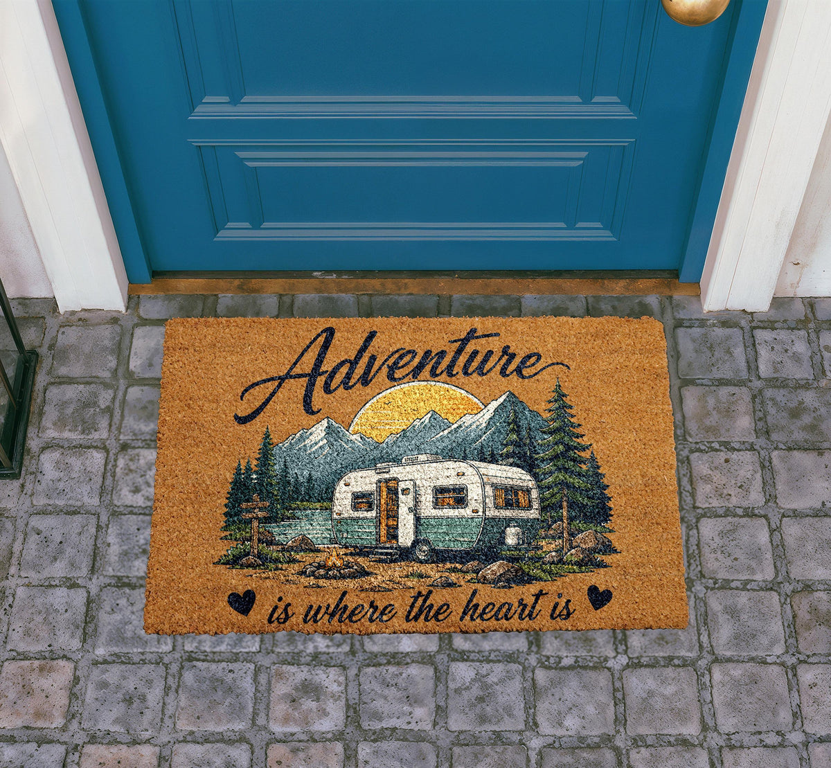 Adventure Camper Doormat, Vintage Trailer Welcome Mat, Coir Outdoor Rug