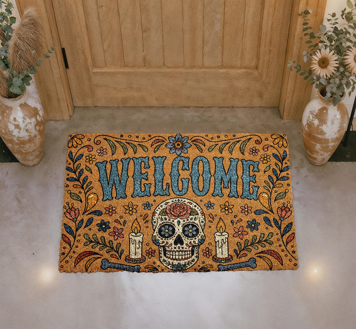 Dia de los Muertos Sugar Skull Doormat, Colorful Floral Gothic Entry Rug